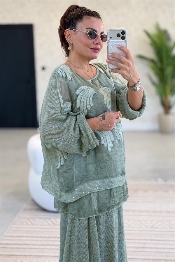 Sırtı Ve Kolları Triko Tül Ve Pul Detay İşlemeli Bluz Su Yeşili Renk
