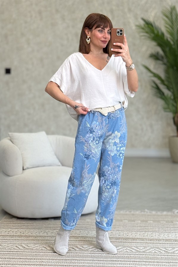 Soft Çiçek Desenli Hasır Kemerli Havuç Paça Kot Pantolon Mavi Renk
