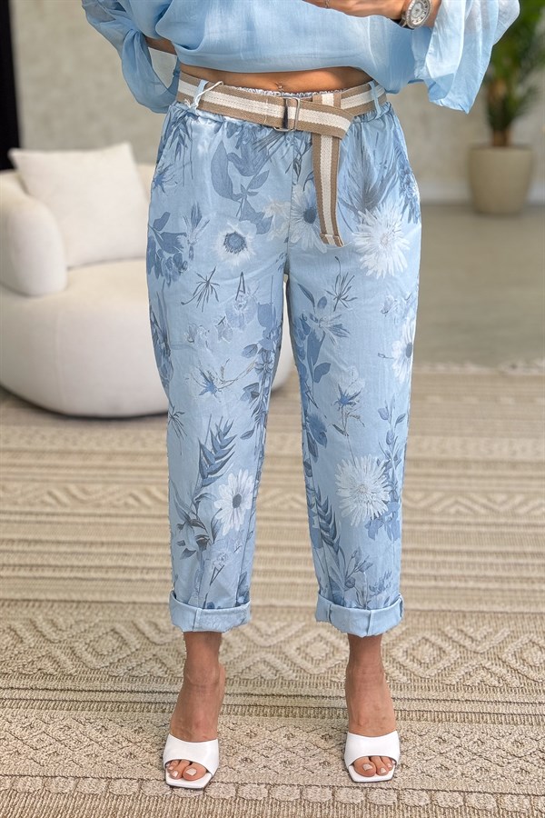 Soft Çiçek Desenli Likralı Pantolon Bebe Mavi Renk
