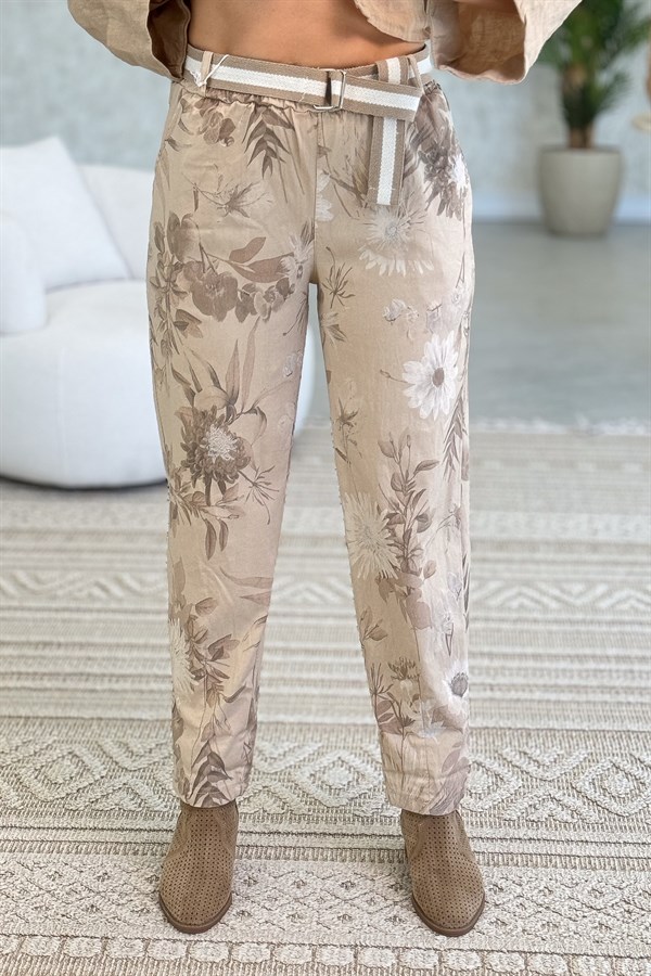 Soft Çiçek Desenli Likralı Pantolon Camel Renk