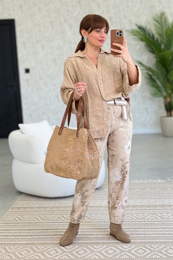 Soft Çiçek Desenli Likralı Pantolon Camel Renk