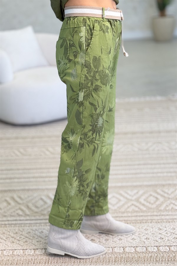 Soft Çiçek Desenli Likralı Pantolon Fıstık Yeşil Renk