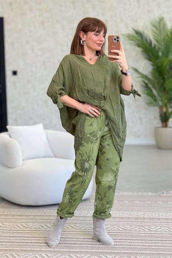 Soft Çiçek Desenli Likralı Pantolon Fıstık Yeşil Renk
