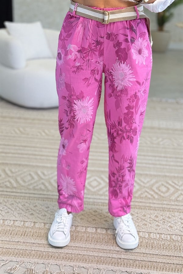 Soft Çiçek Desenli Likralı Pantolon Fuşya Renk