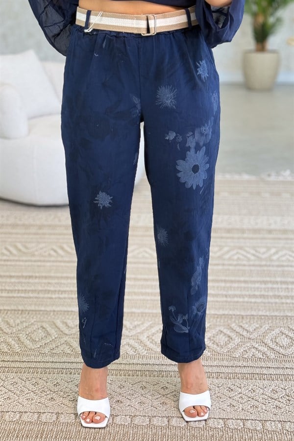 Soft Çiçek Desenli Likralı Pantolon Lacivert Renk