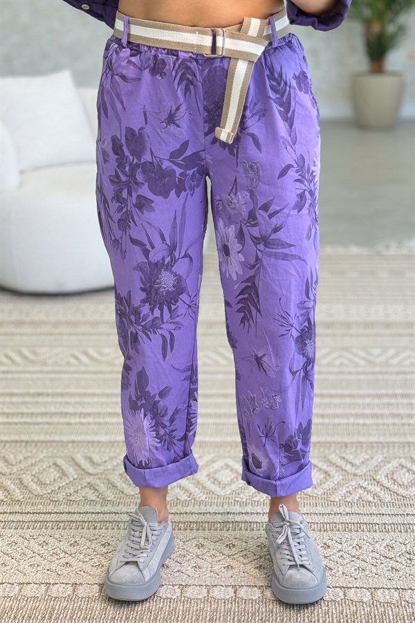 Soft Çiçek Desenli Likralı Pantolon Mor Renk