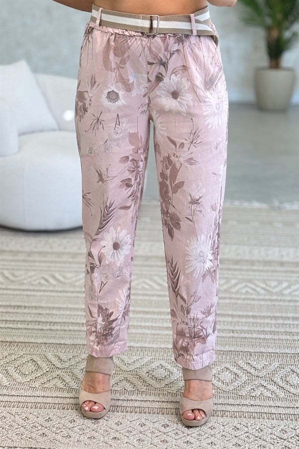 Soft Çiçek Desenli Likralı Pantolon Pudra Renk
