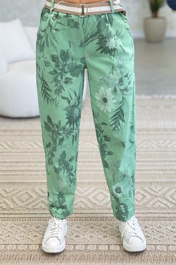 Soft Çiçek Desenli Likralı Pantolon Yeşil Renk