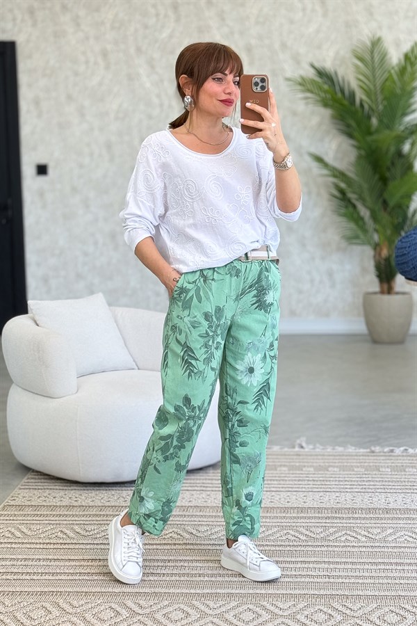 Soft Çiçek Desenli Likralı Pantolon Yeşil Renk