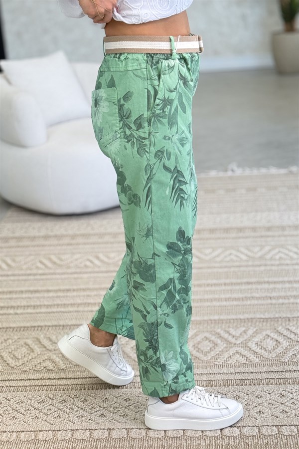 Soft Çiçek Desenli Likralı Pantolon Yeşil Renk