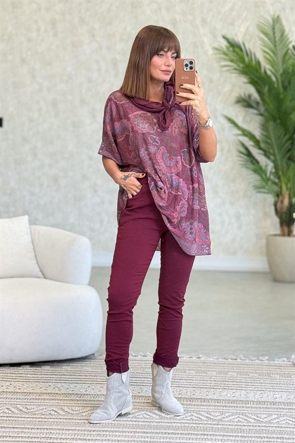 Soft Çiçek Desenli Pul Detaylı Şallı Bluz Bordo Renk