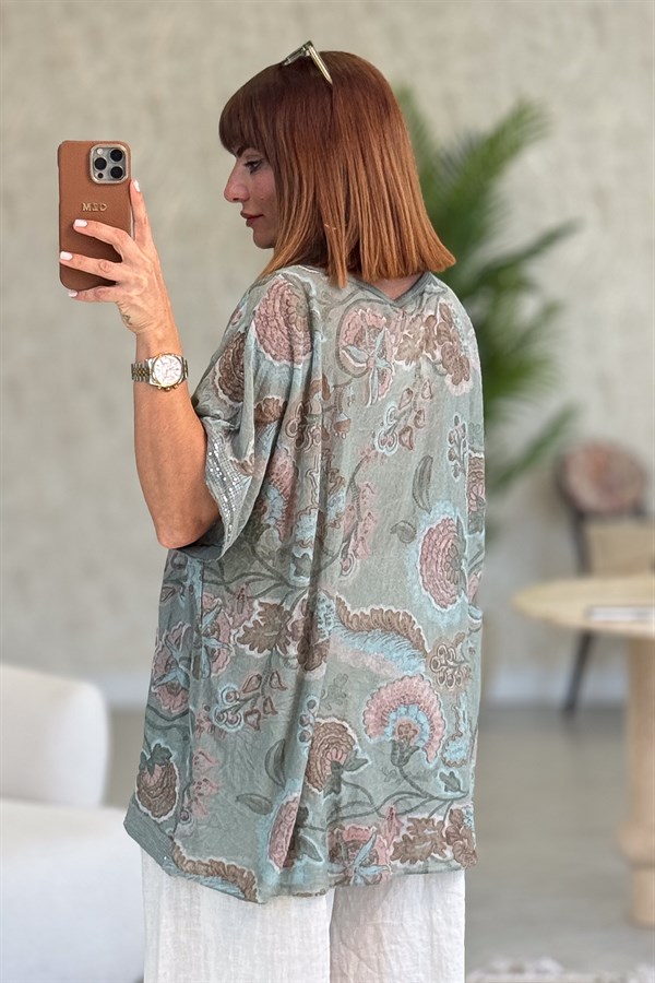 Soft Çiçek Desenli Pul Detaylı Şallı Bluz Haki Renk