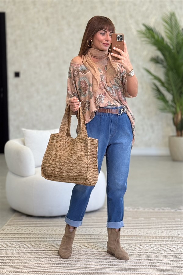 Soft Çiçek Desenli Pul Detaylı Şallı Bluz Camel Renk