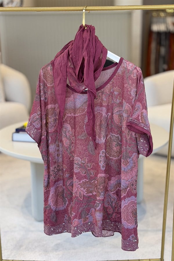 Soft Çiçek Desenli Pul Detaylı Şallı Bluz Bordo Renk