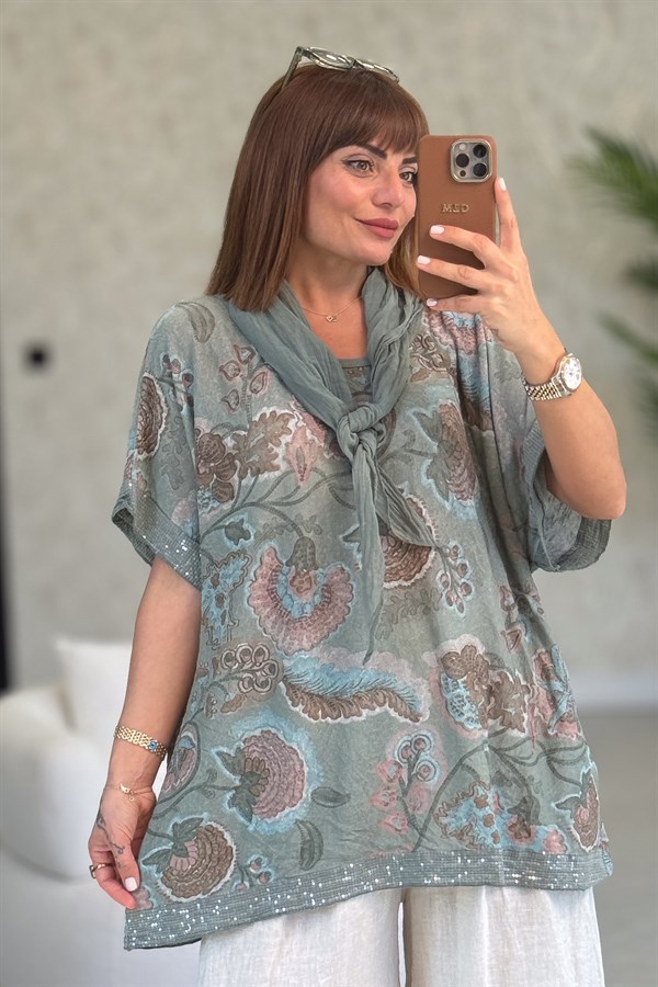 Soft Çiçek Desenli Pul Detaylı Şallı Bluz Haki Renk