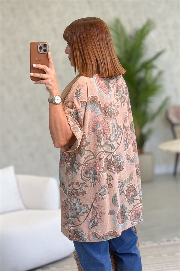 Soft Çiçek Desenli Pul Detaylı Şallı Bluz Camel Renk