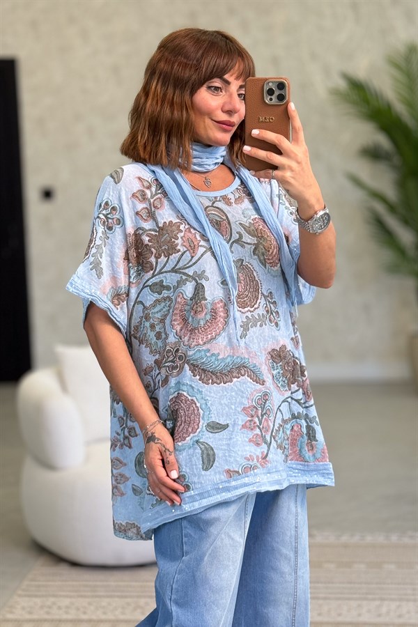 Soft Çiçek Desenli Pul Detaylı Şallı Bluz Bebe Mavi Renk