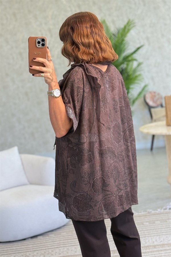 Soft Çiçek Desenli Pul Detaylı Şallı Bluz Acı Kahve Renk