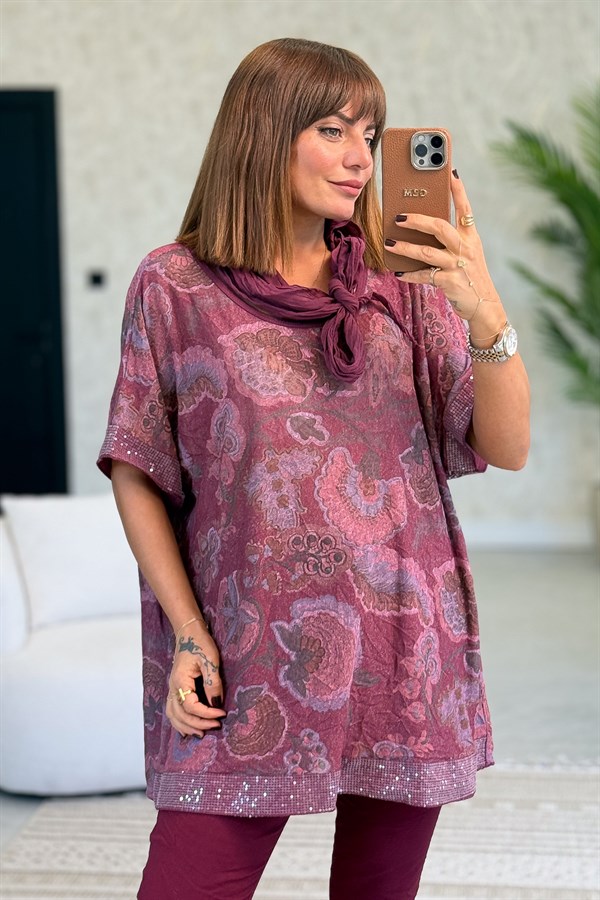 Soft Çiçek Desenli Pul Detaylı Şallı Bluz Bordo Renk