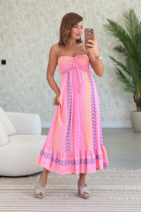 Straplez Pamuklu Elbise Pembe Renk