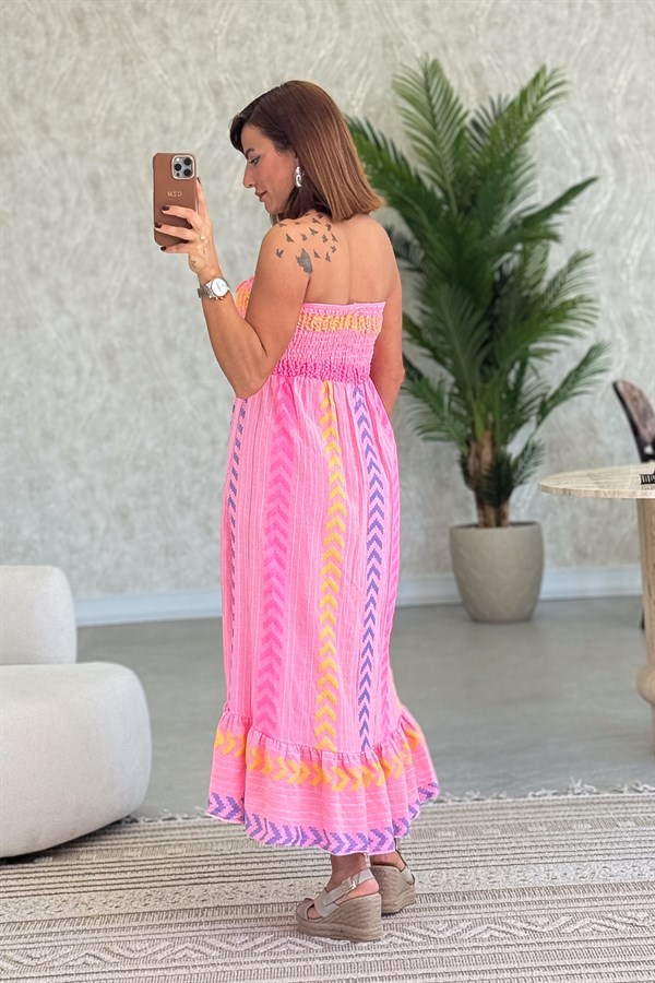 Straplez Pamuklu Elbise Pembe Renk