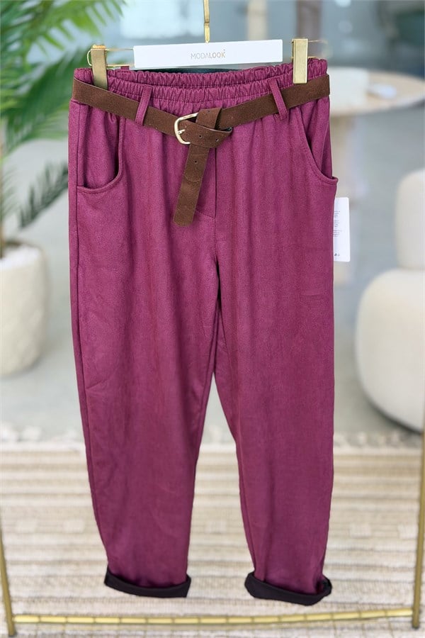 Süet Kemerli Güderi Pantolon Bordo RenkPANTOLON