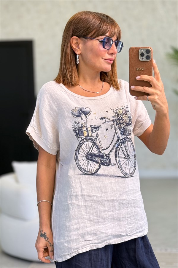 Taş Ve Bisiklet Desenli Önü Keten Arkası Pamuklu Bluz Bej Renk