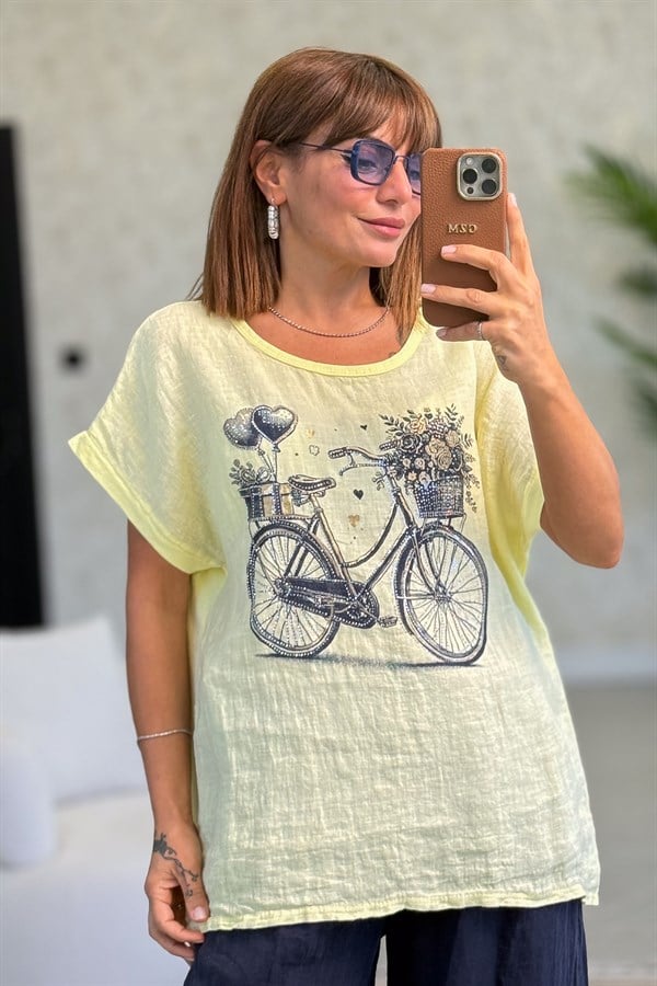 Taş Ve Bisiklet Desenli Önü Keten Arkası Pamuklu Bluz Sarı RenkBLUZ
