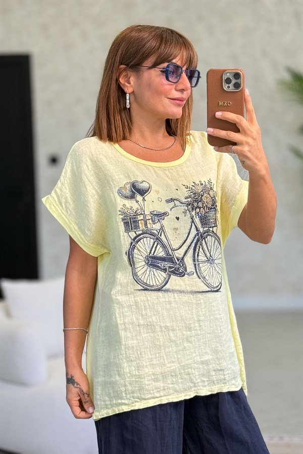 Taş Ve Bisiklet Desenli Önü Keten Arkası Pamuklu Bluz Sarı Renk