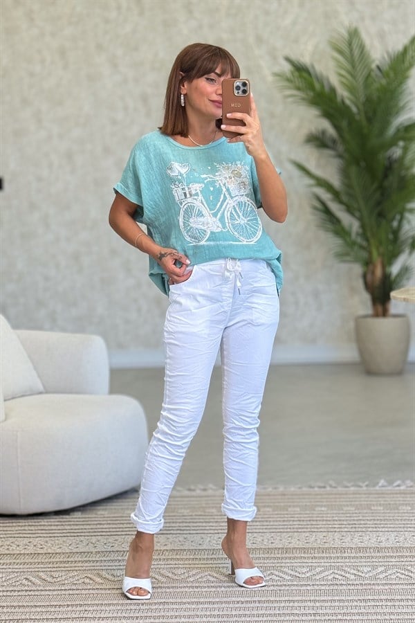 Taş Ve Bisiklet Desenli Önü Keten Arkası Pamuklu Bluz Mint Renk