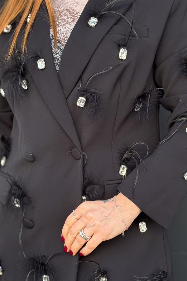 Taş Ve Tüy Detaylı Blazer Ceket Siyah Renk