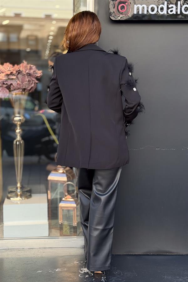 Taş Ve Tüy Detaylı Blazer Ceket Siyah Renk
