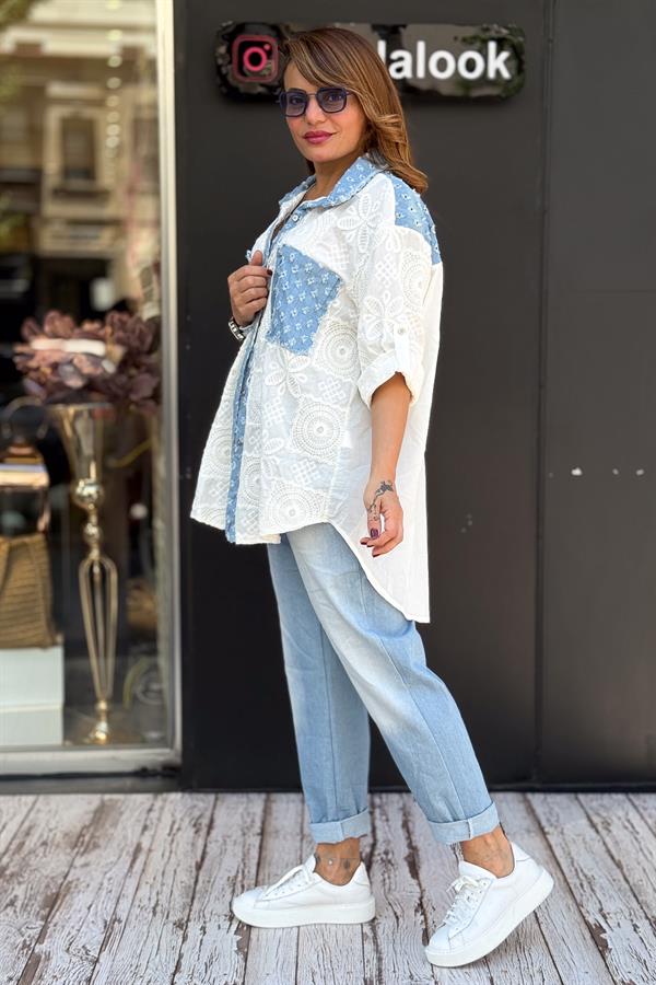 Taşlamalı Kemerli Likralı Kot Pantolon Açık Mavi Renk