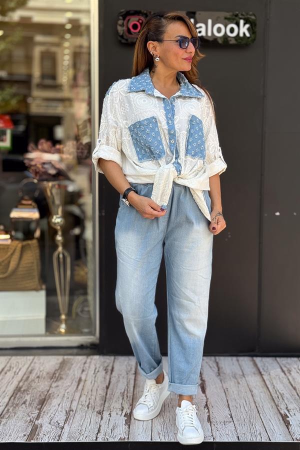 Taşlamalı Kemerli Likralı Kot Pantolon Açık Mavi Renk