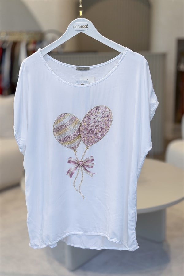 Taşlı Balon Desenli Viskon Tshirt Pudra RenkBLUZ