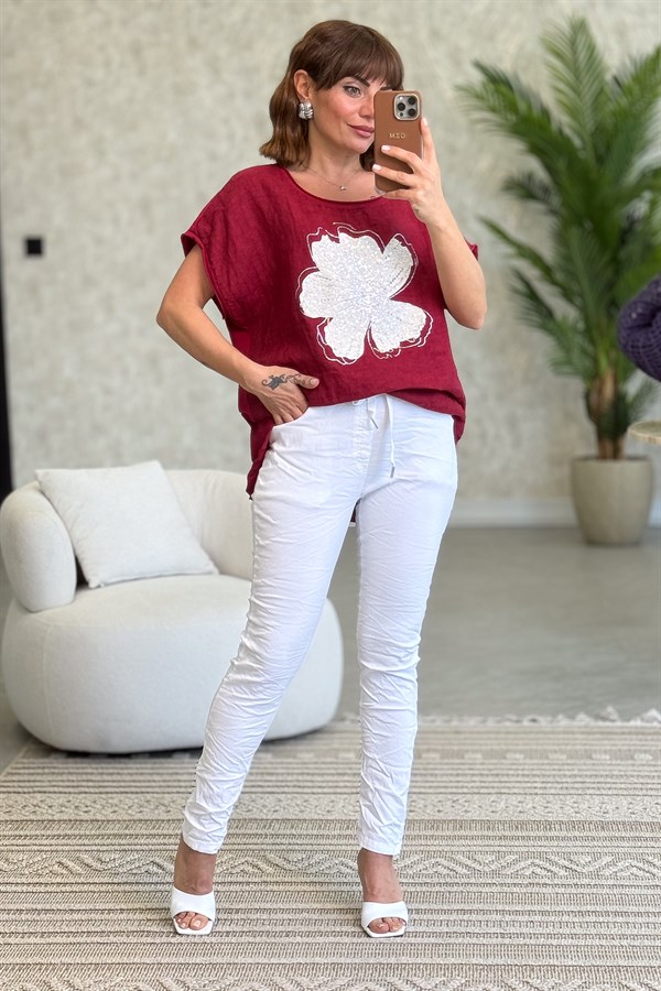 Taşlı Büyük Çiçek Desen Önü Keten Arkası Pamuklu Bluz Bordo Renk