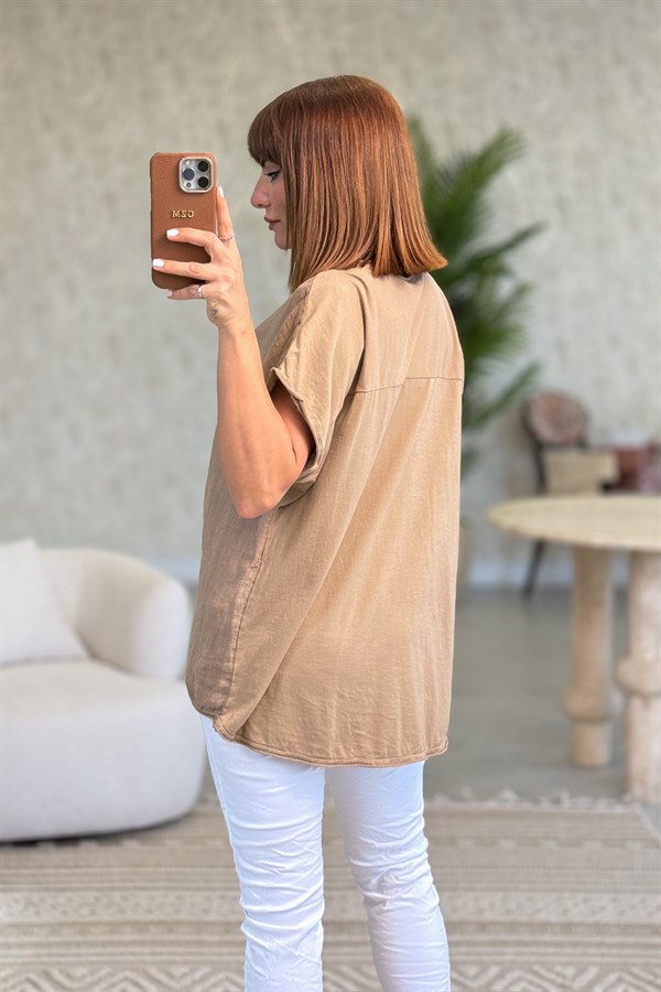 Taşlı Büyük Çiçek Desen Önü Keten Arkası Pamuklu Bluz Camel Renk