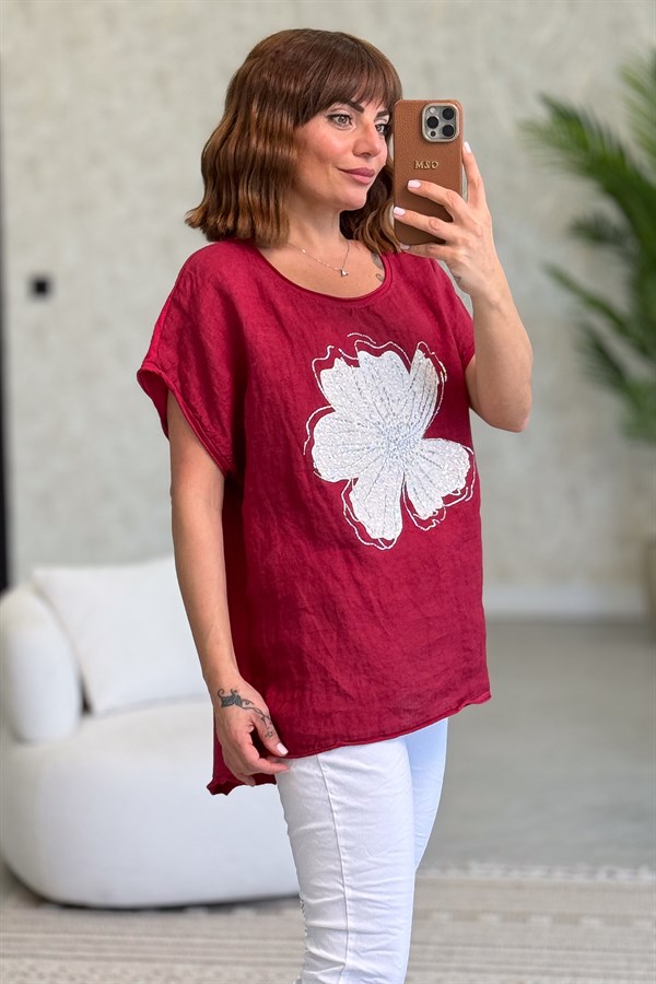 Taşlı Büyük Çiçek Desen Önü Keten Arkası Pamuklu Bluz Bordo Renk