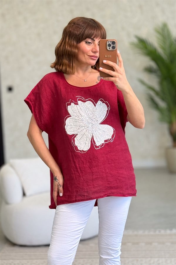 Taşlı Büyük Çiçek Desen Önü Keten Arkası Pamuklu Bluz Bordo Renk