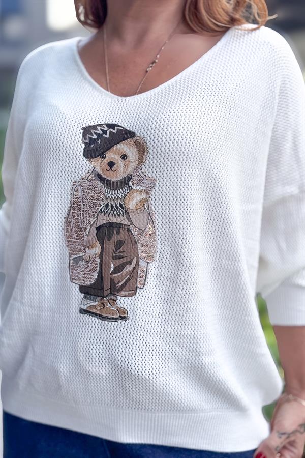 Teddy V Yaka Triko Beyaz Renk