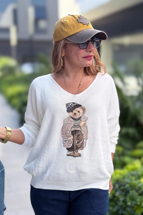 Teddy V Yaka Triko Beyaz Renk