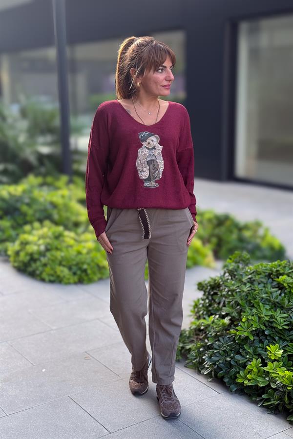 Teddy V Yaka Triko Bordo Renk