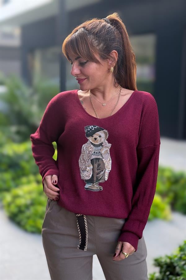 Teddy V Yaka Triko Bordo Renk