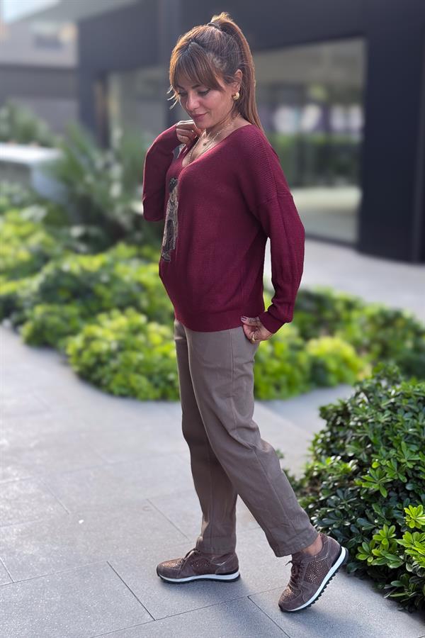 Teddy V Yaka Triko Bordo Renk