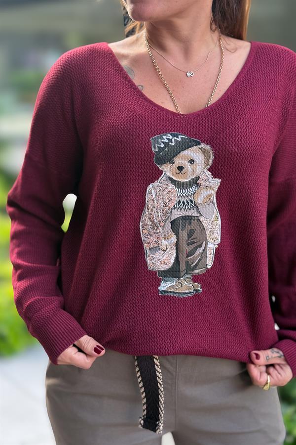 Teddy V Yaka Triko Bordo Renk