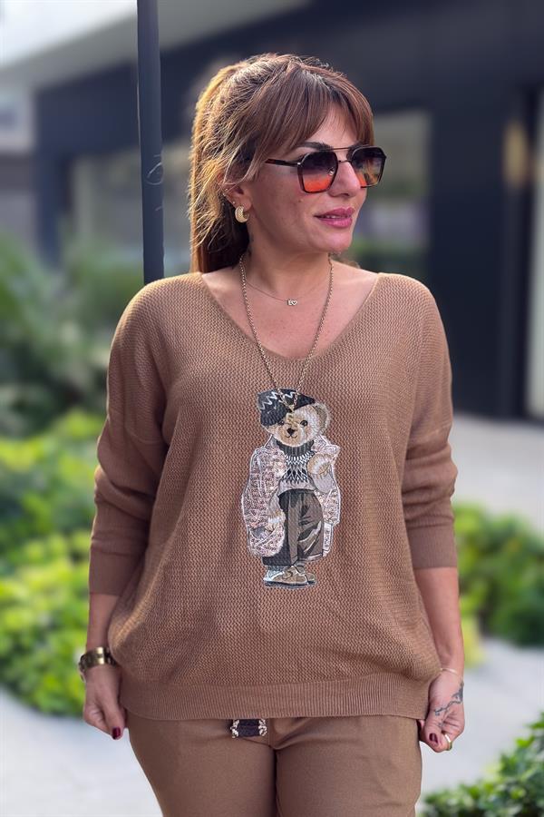 Teddy V Yaka Triko Deve Tüyü Renk