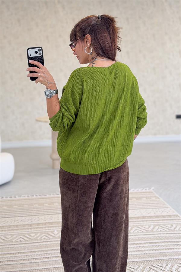 Teddy V Yaka Triko Fıstık Yeşil Renk