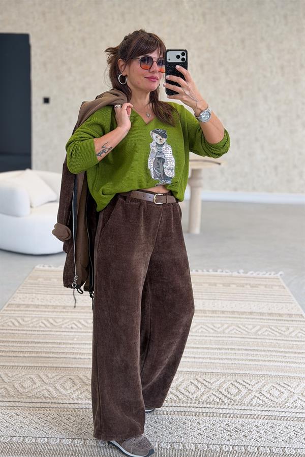 Teddy V Yaka Triko Fıstık Yeşil Renk