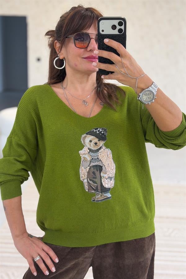 Teddy V Yaka Triko Fıstık Yeşil Renk