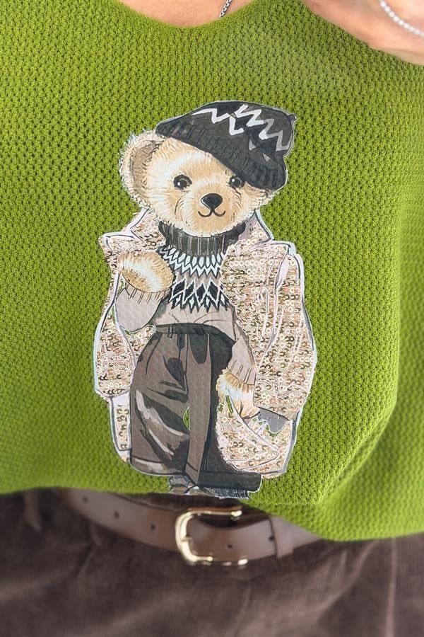 Teddy V Yaka Triko Fıstık Yeşil Renk
